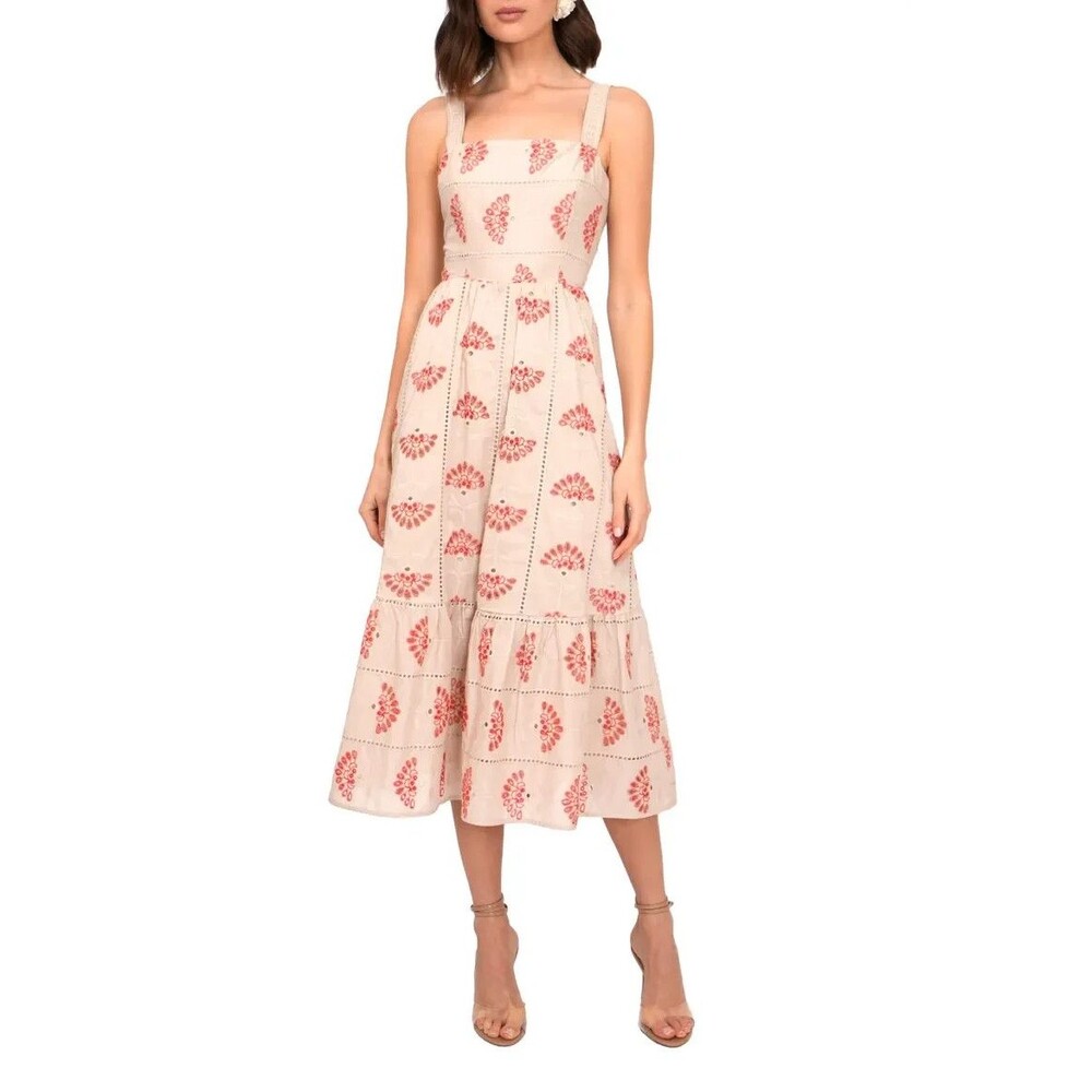Adelyn Rae Merinda Eyelet Embroidered Midi Dress Small Beige Red Cotton